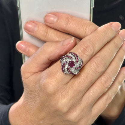 Stunning Vintage 18ct white gold ruby & diamond Bombé cluster ring - Independent valuation