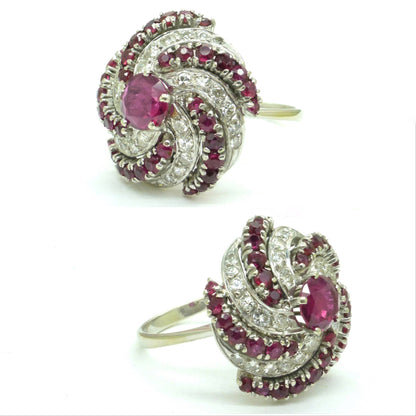 Stunning Vintage 18ct white gold ruby & diamond Bombé cluster ring - Independent valuation