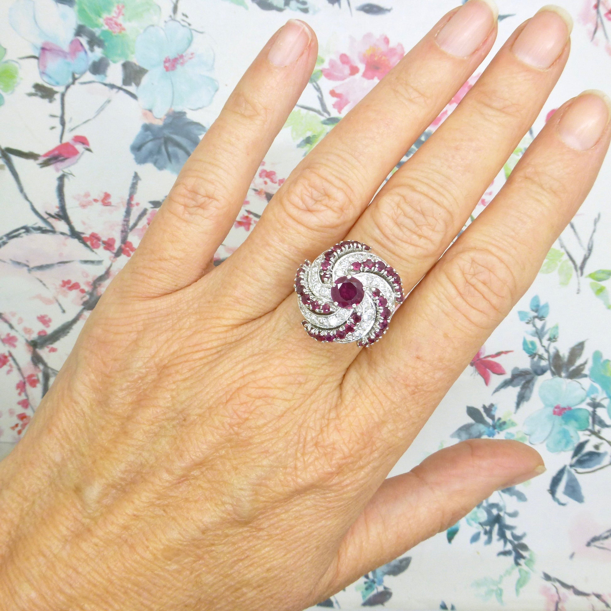 Stunning Vintage 18ct white gold ruby & diamond Bombé cluster ring - Independent valuation