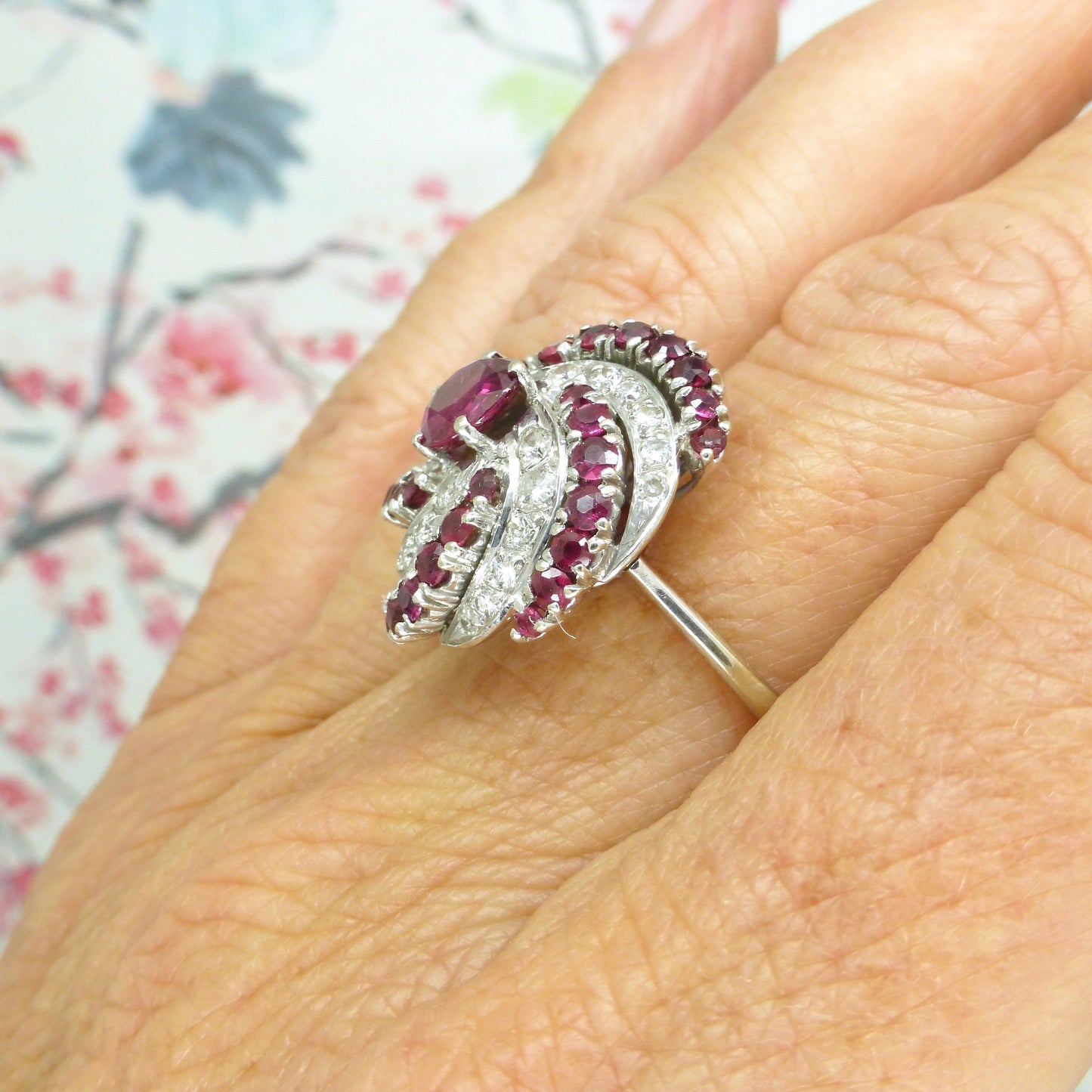 Stunning Vintage 18ct white gold ruby & diamond Bombé cluster ring - Independent valuation