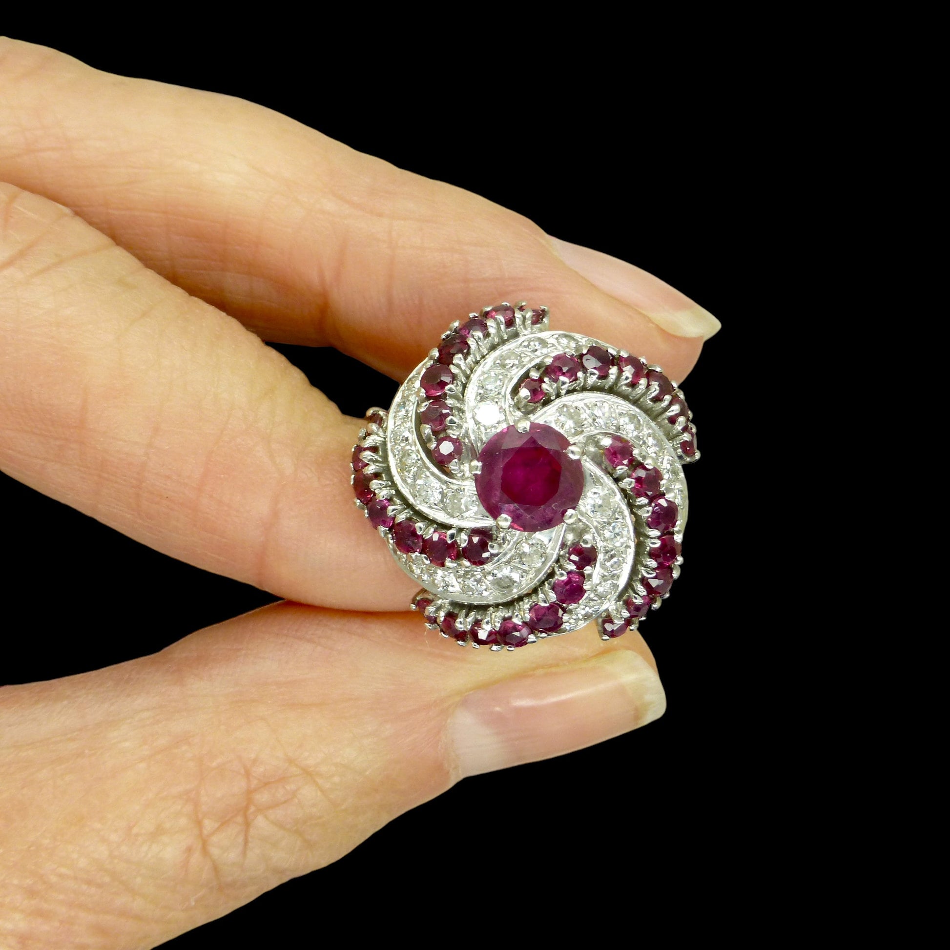 Stunning Vintage 18ct white gold ruby & diamond Bombé cluster ring - Independent valuation