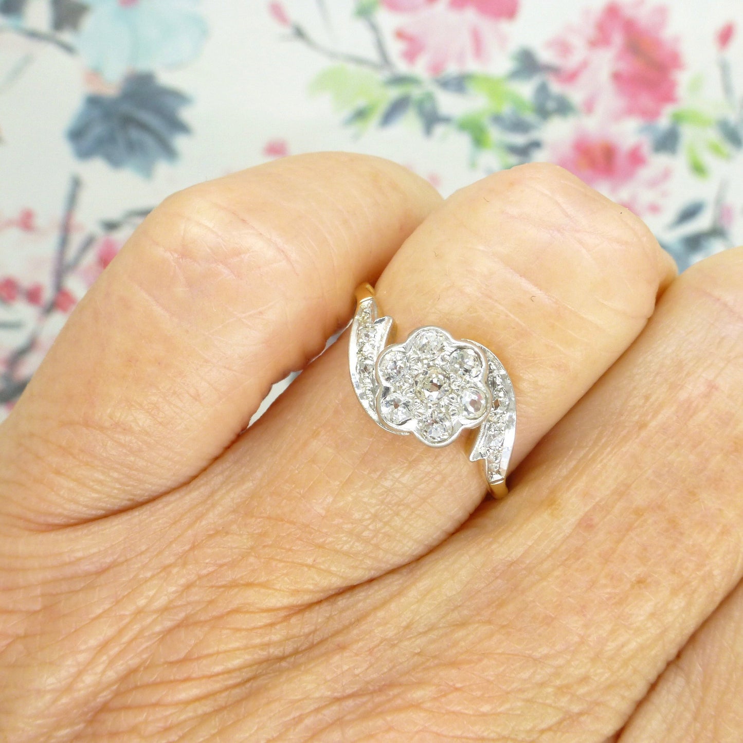 RESERVED* Antique Edwardian 18ct platinum old cut diamond daisy ring c1910-1920's