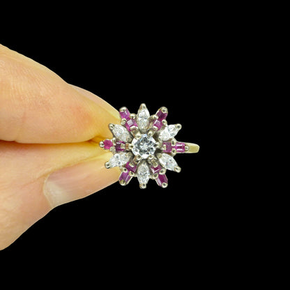 Unique Vintage 18ct ruby & diamond star cluster halo ring 1960's