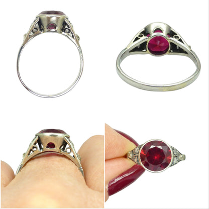 Art Deco white gold Vernueil Ruby and rose cut diamond solititaire ring c1920's