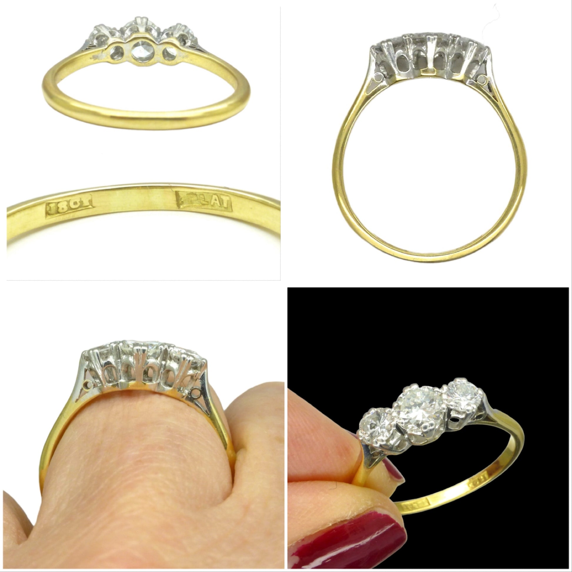 Vintage 18ct Platinum brilliant cut diamond three stone trilogy ring 0.90ct ~ c1930's