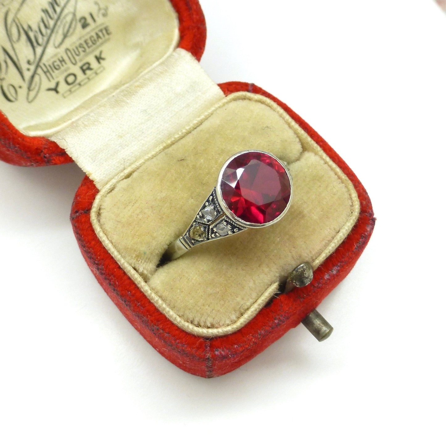Art Deco white gold Vernueil Ruby and rose cut diamond solititaire ring c1920's