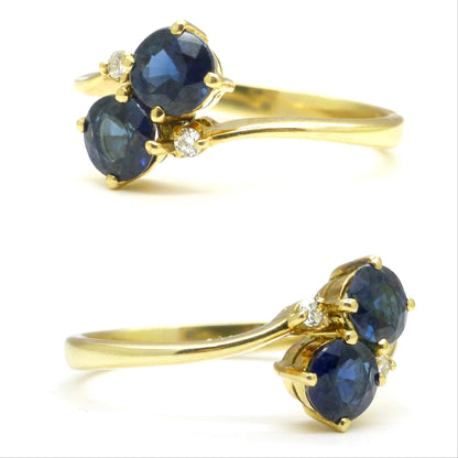 Vintage 18ct natural blue sapphire Moi et Toi two stone twist/crossover ring