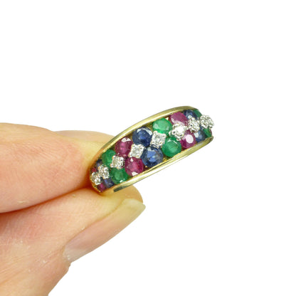 Vintage 9ct gold multi gemstone half eternity band ~ Ruby, Sapphire, Emerald, diamond ~ Anniversary ring