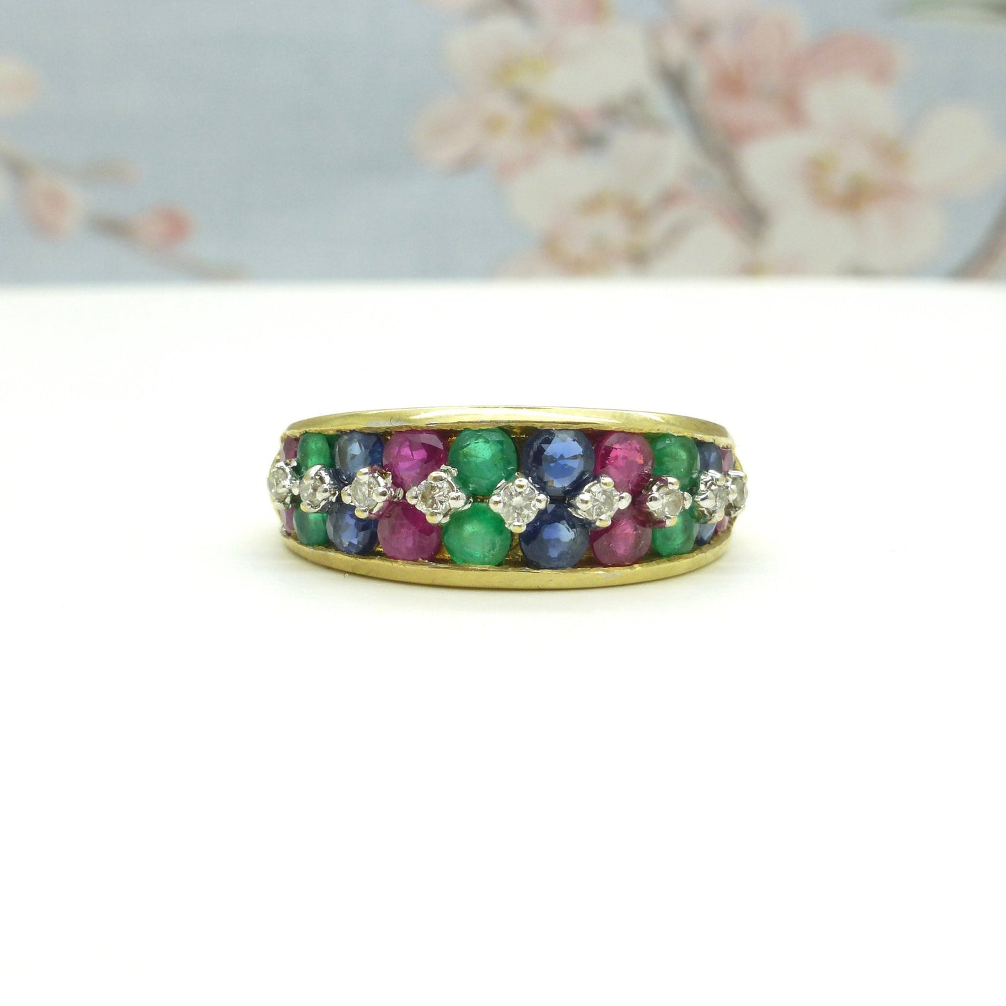 Vintage 9ct gold multi gemstone half eternity band ~ Ruby, Sapphire, Emerald, diamond ~ Anniversary ring