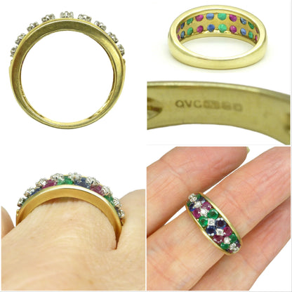 Vintage 9ct gold multi gemstone half eternity band ~ Ruby, Sapphire, Emerald, diamond ~ Anniversary ring