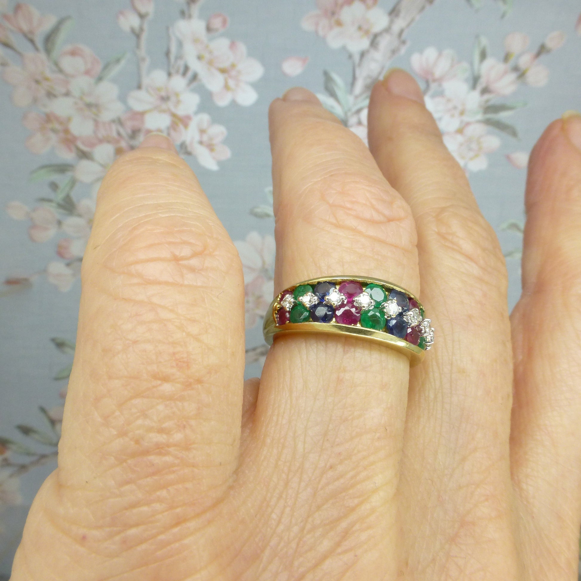 Vintage 9ct gold multi gemstone half eternity band ~ Ruby, Sapphire, Emerald, diamond ~ Anniversary ring