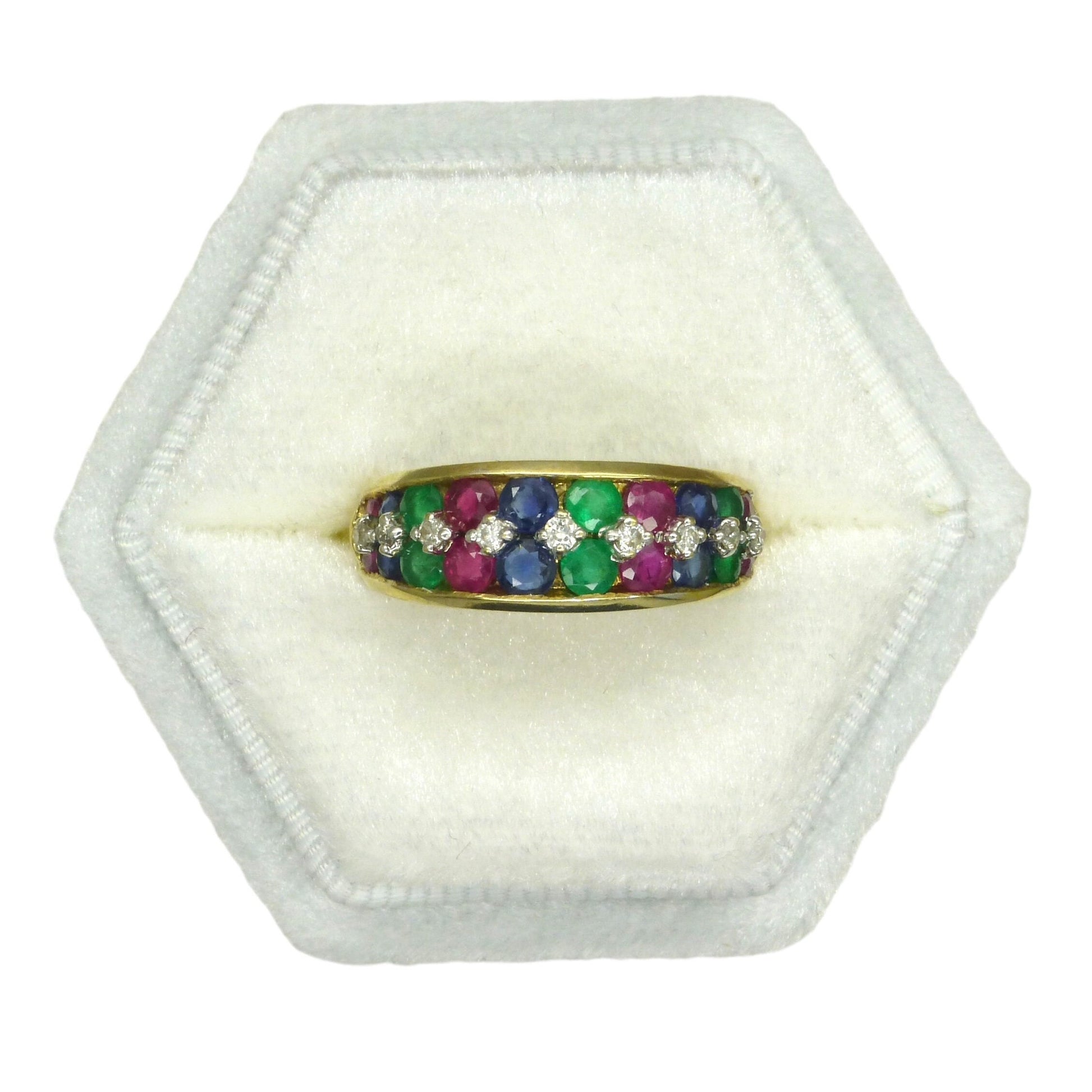 Vintage 9ct gold multi gemstone half eternity band ~ Ruby, Sapphire, Emerald, diamond ~ Anniversary ring