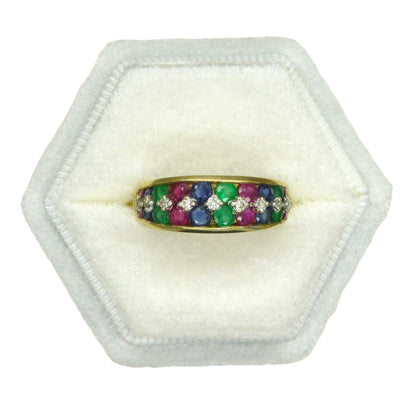 Vintage 9ct gold multi gemstone half eternity band ~ Ruby, Sapphire, Emerald, diamond ~ Anniversary ring