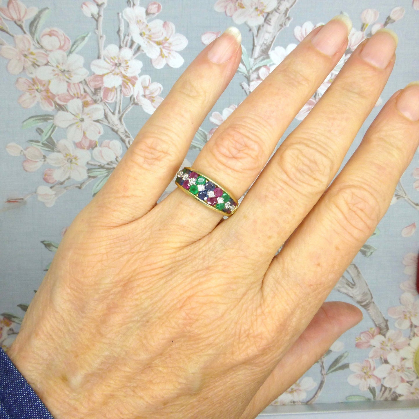 Vintage 9ct gold multi gemstone half eternity band ~ Ruby, Sapphire, Emerald, diamond ~ Anniversary ring