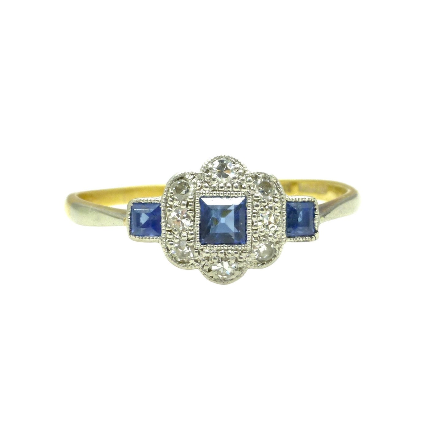 Antique Art Deco 18ct Platinum Sapphire & Diamond Milgrain cluster panel ring 1920's