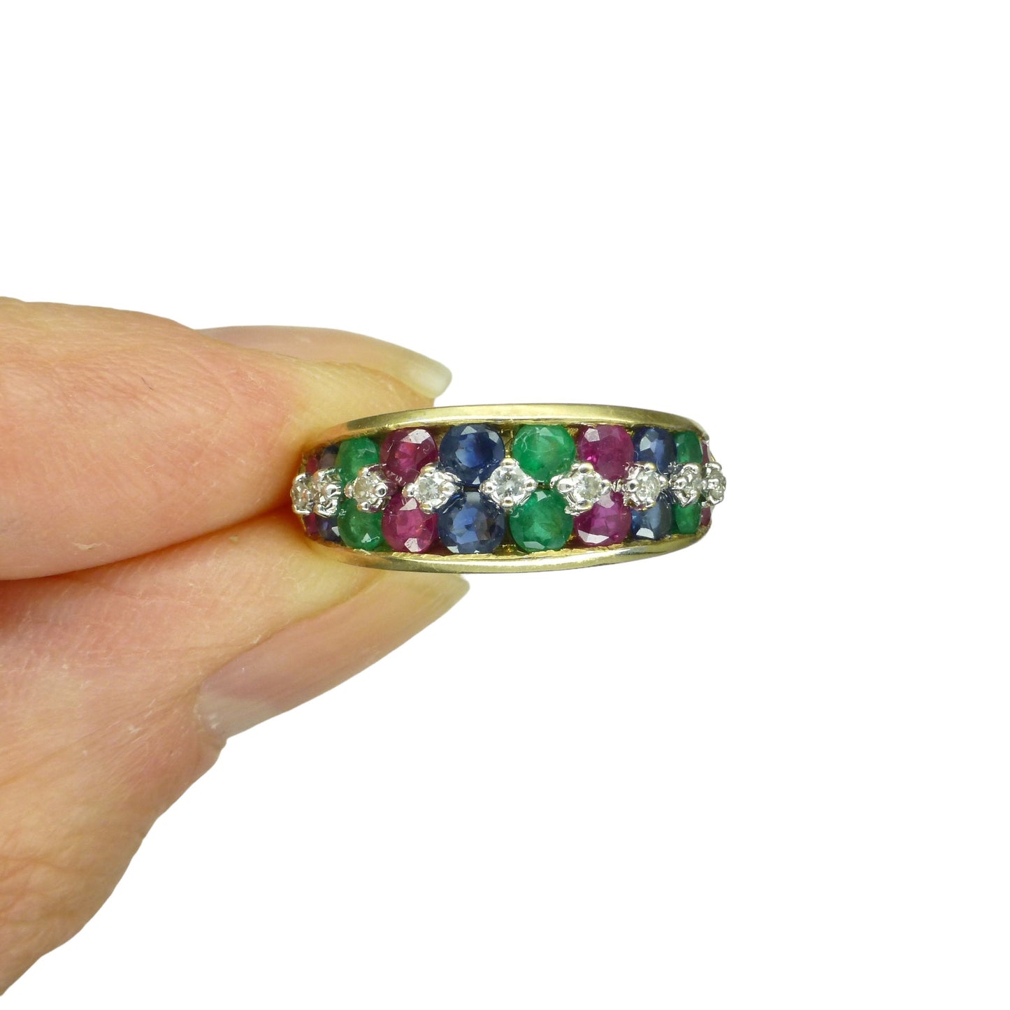 Vintage 9ct gold multi gemstone half eternity band ~ Ruby, Sapphire, Emerald, diamond ~ Anniversary ring