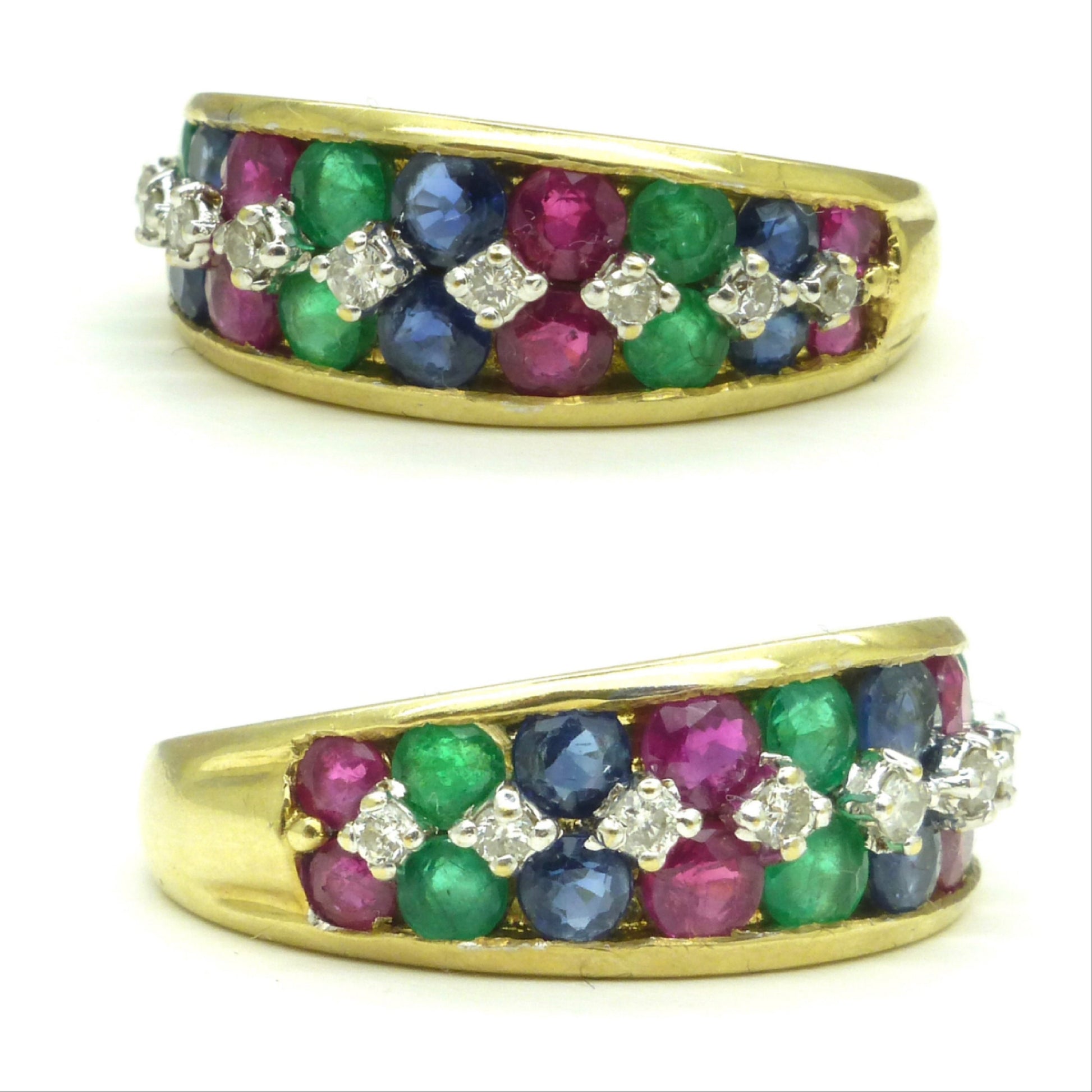 Vintage 9ct gold multi gemstone half eternity band ~ Ruby, Sapphire, Emerald, diamond ~ Anniversary ring