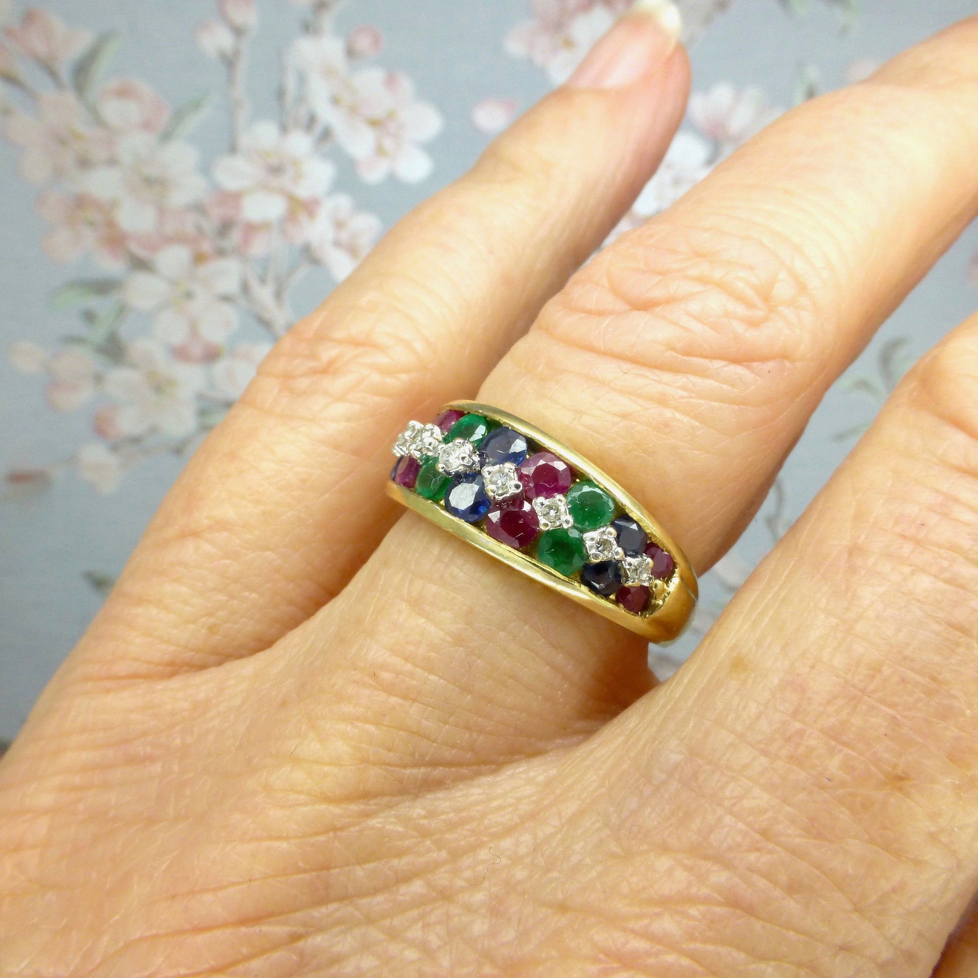 Vintage 9ct gold multi gemstone half eternity band ~ Ruby, Sapphire, Emerald, diamond ~ Anniversary ring