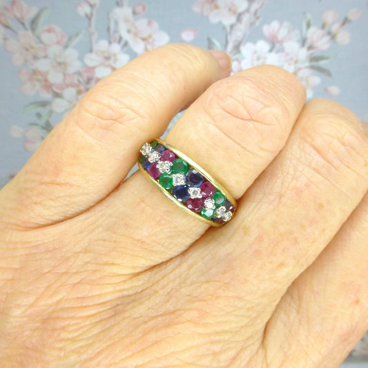Vintage 9ct gold multi gemstone half eternity band ~ Ruby, Sapphire, Emerald, diamond ~ Anniversary ring