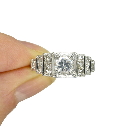 Art Deco old cut diamond solitaire ring with stepped rose cut diamond set shoulders