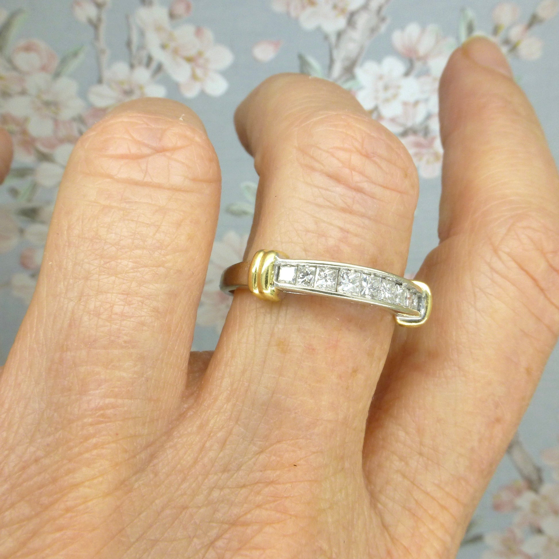 Vintage 14K white gold channel set Princess cut natural Diamond half eternity ring 0.50ct