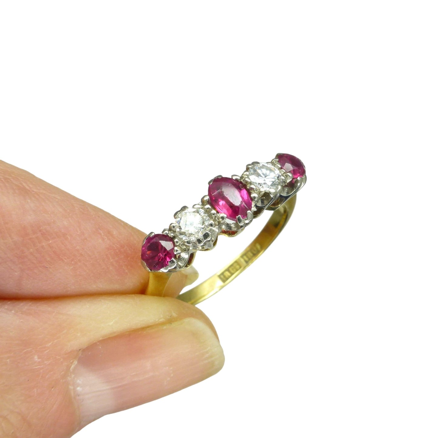 Antique 18ct platinum ruby and old cut natural diamond five stone ring c1920's