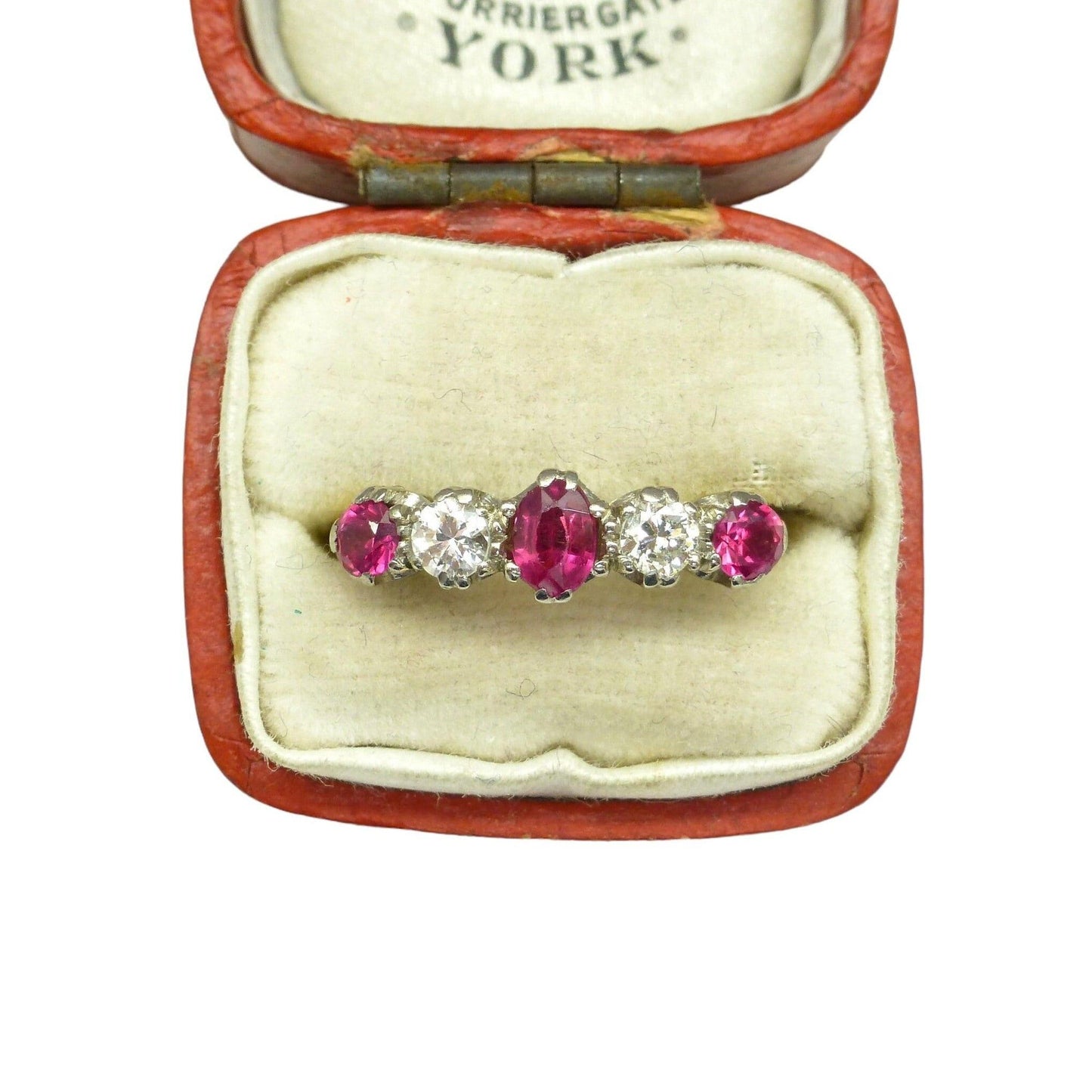 Antique 18ct platinum ruby and old cut natural diamond five stone ring c1920's