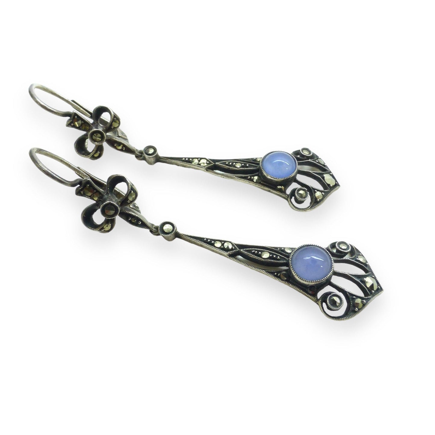 Authentic Art Nouveau silver marcasite & blue chalcedony dangle drop earrings 1900-1910's ~ Pierced ears