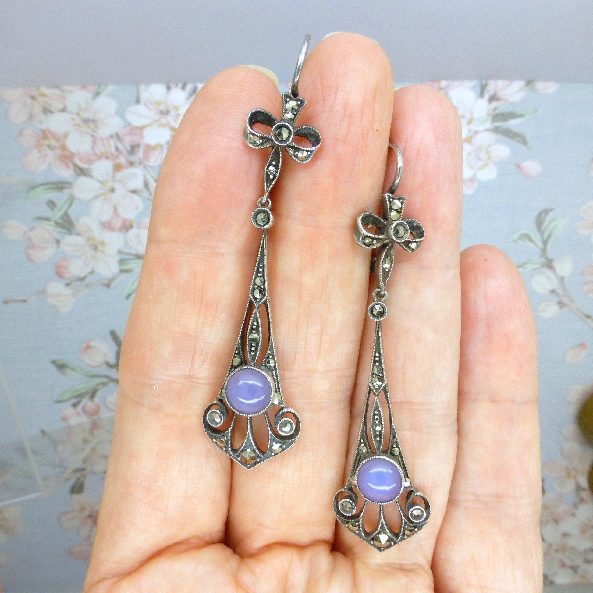 Authentic Art Nouveau silver marcasite & blue chalcedony dangle drop earrings 1900-1910's ~ Pierced ears