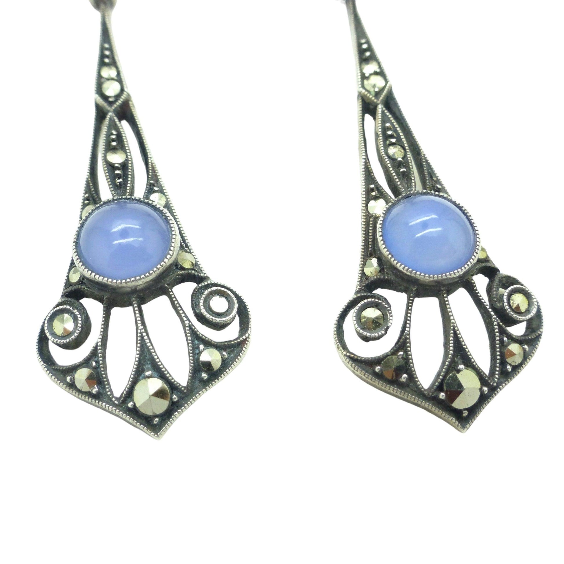 Authentic Art Nouveau silver marcasite & blue chalcedony dangle drop earrings 1900-1910's ~ Pierced ears