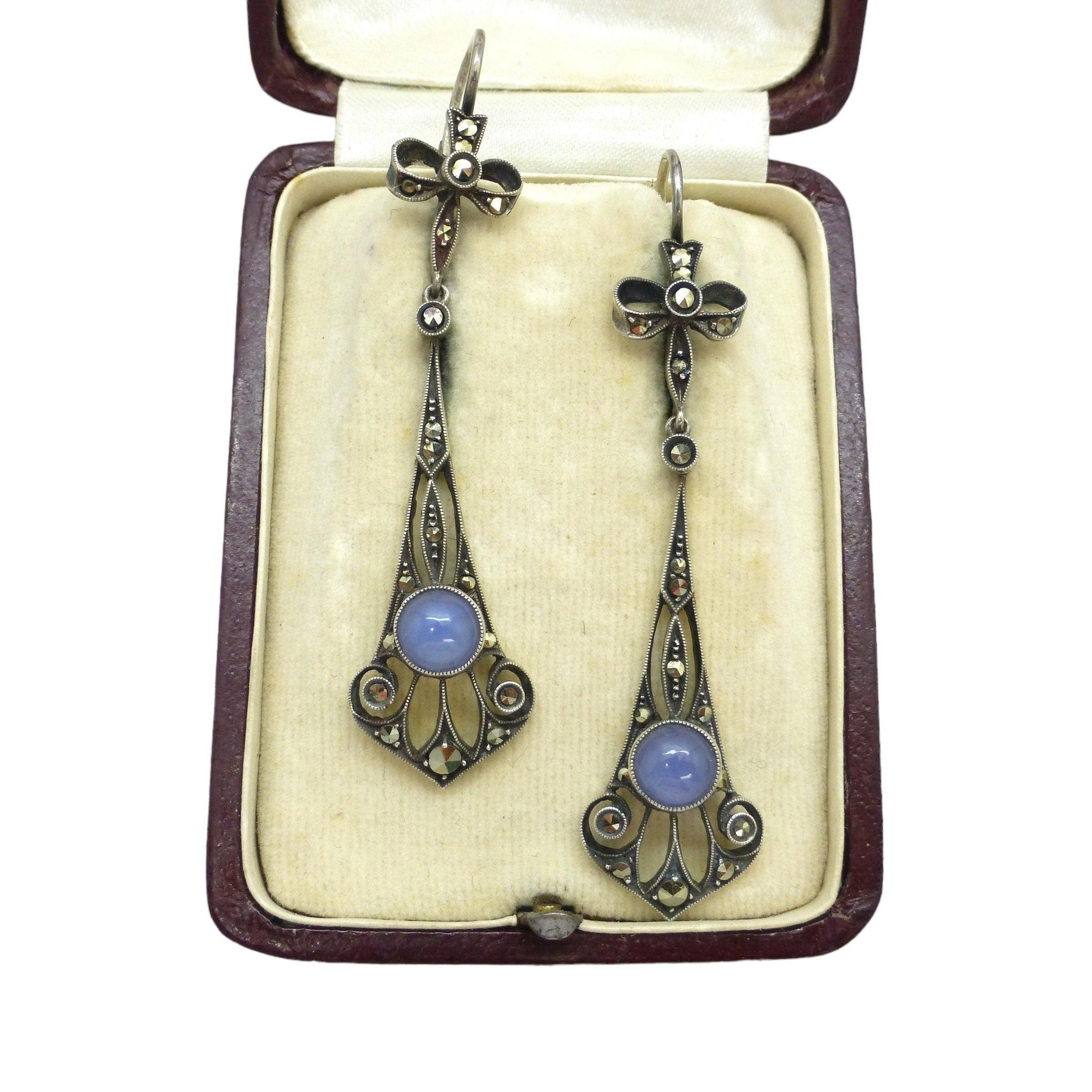 Authentic Art Nouveau silver marcasite & blue chalcedony dangle drop earrings 1900-1910's ~ Pierced ears