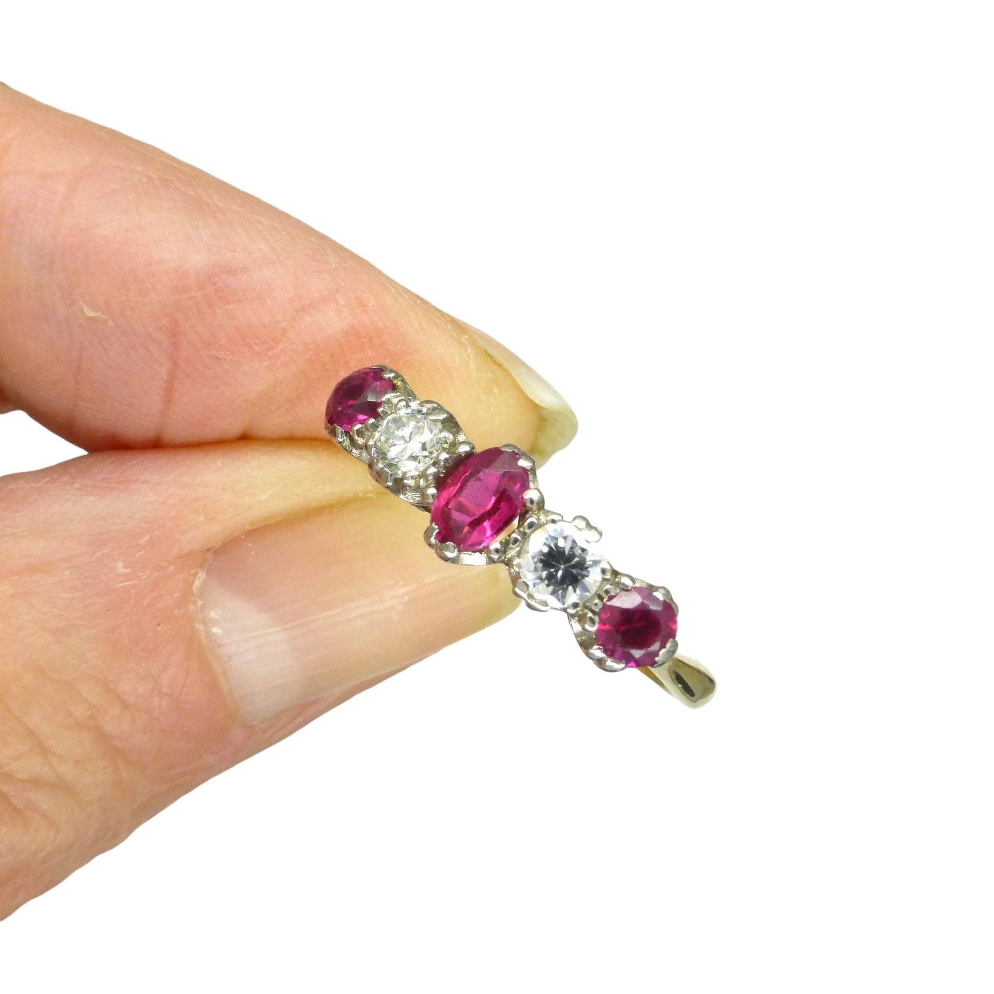 Antique 18ct platinum ruby and old cut natural diamond five stone ring c1920's