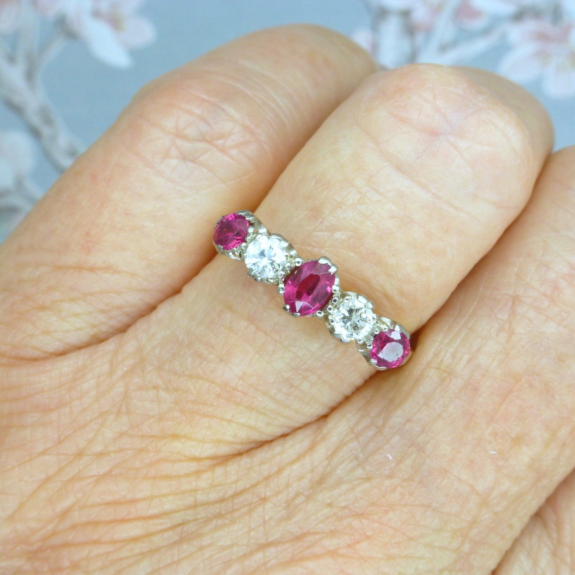 Antique 18ct platinum ruby and old cut natural diamond five stone ring c1920's