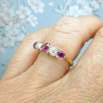 Antique 18ct platinum ruby and old cut natural diamond five stone ring c1920's