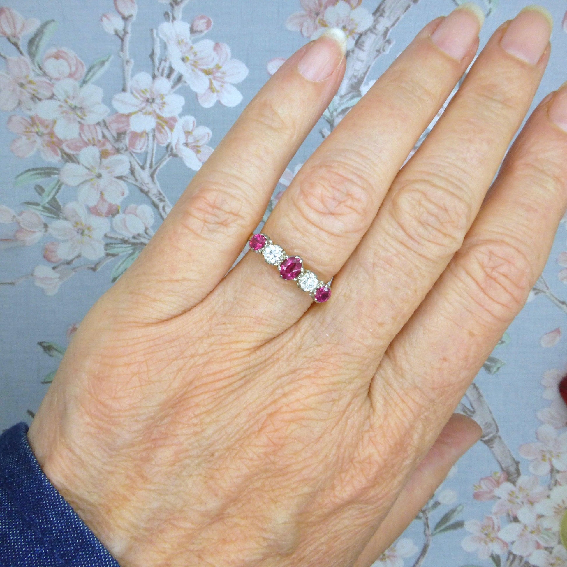 Antique 18ct platinum ruby and old cut natural diamond five stone ring c1920's