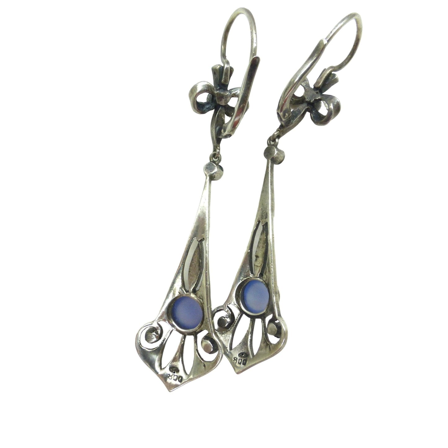 Authentic Art Nouveau silver marcasite & blue chalcedony dangle drop earrings 1900-1910's ~ Pierced ears