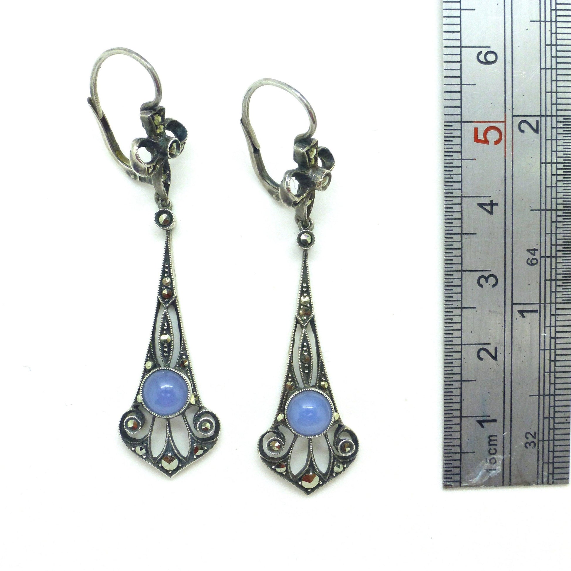 Authentic Art Nouveau silver marcasite & blue chalcedony dangle drop earrings 1900-1910's ~ Pierced ears