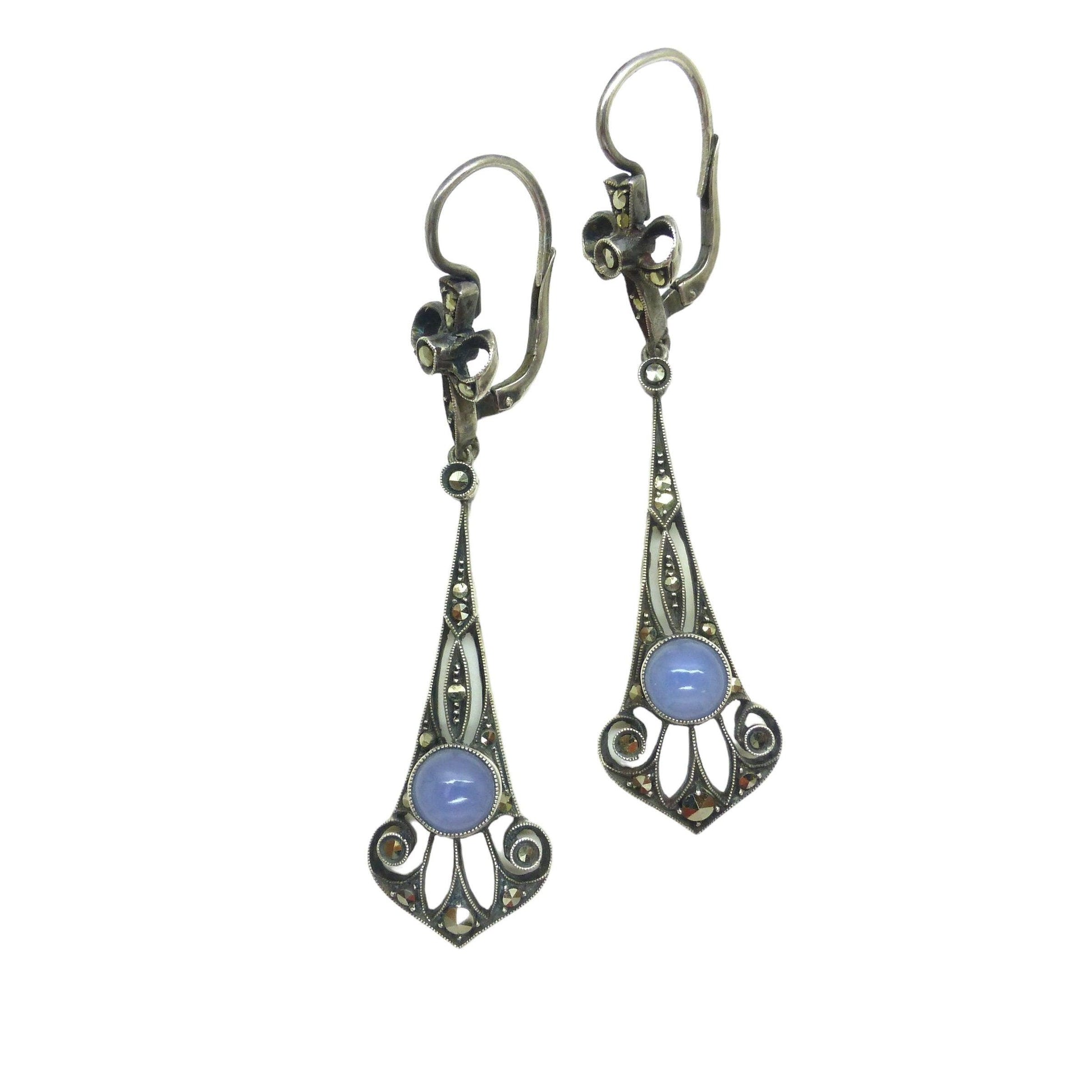 Authentic Art Nouveau silver marcasite & blue chalcedony dangle drop earrings 1900-1910's ~ Pierced ears