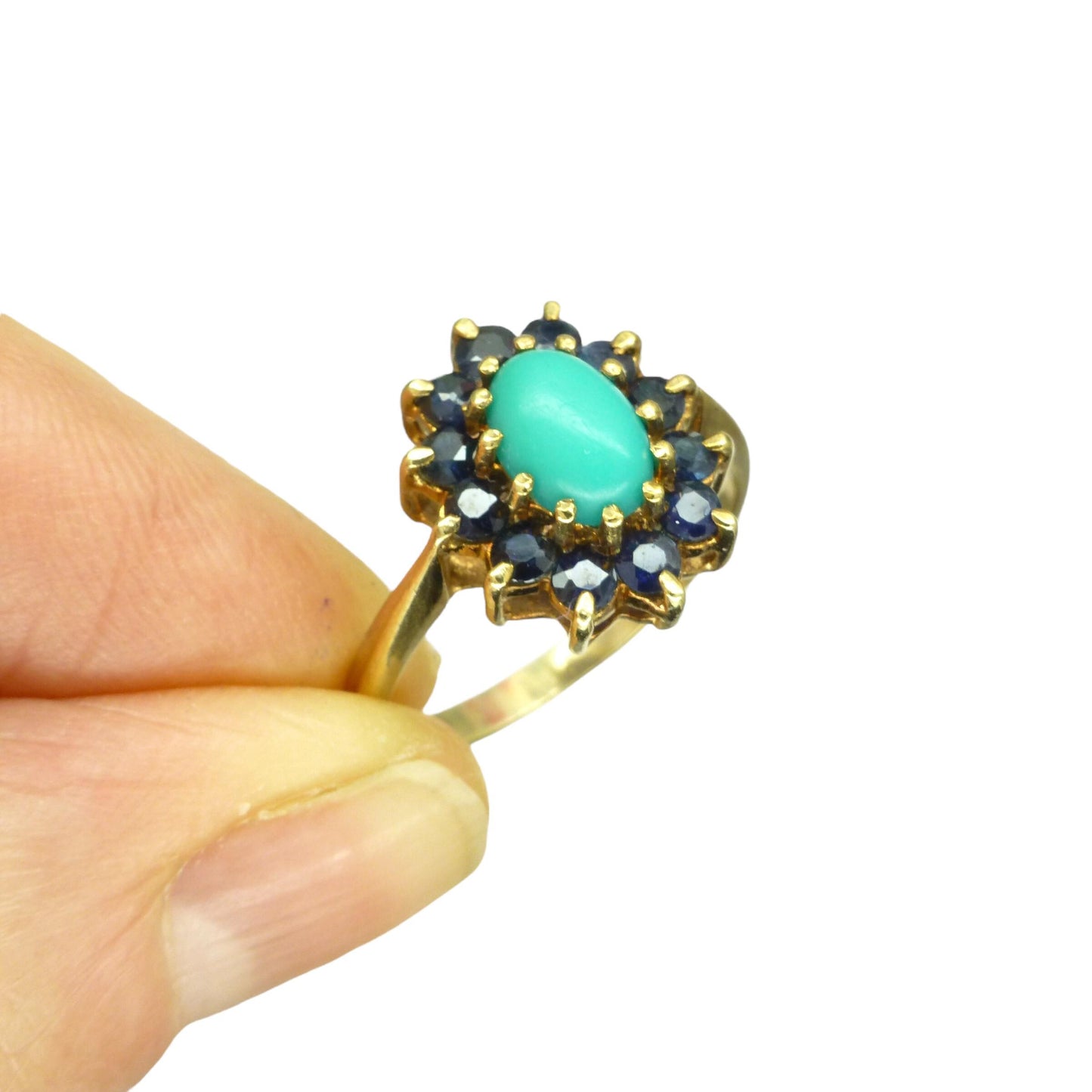 Vintage 9ct Turquoise and Sapphire oval cluster ring