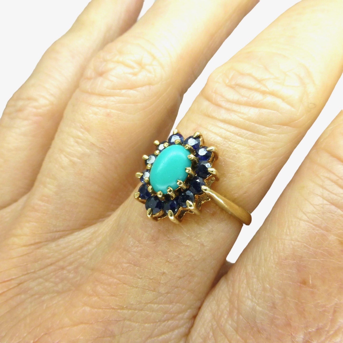 Vintage 9ct Turquoise and Sapphire oval cluster ring