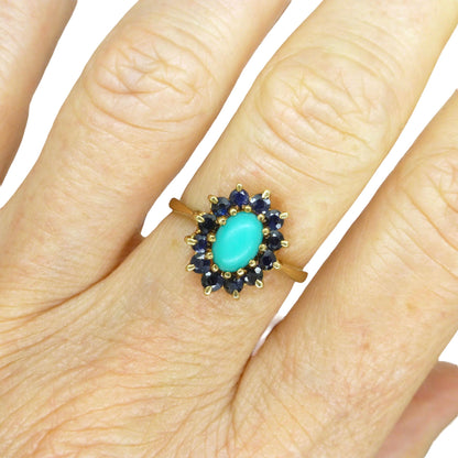 Vintage 9ct Turquoise and Sapphire oval cluster ring