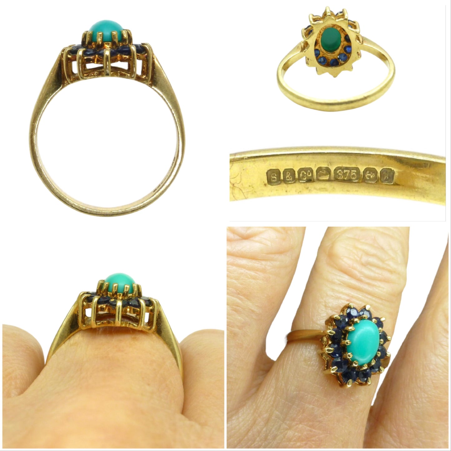 Vintage 9ct Turquoise and Sapphire oval cluster ring