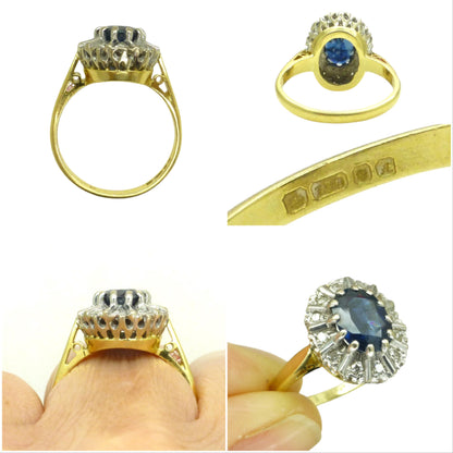 Vintage 18ct sapphire & diamond oval cluster ring dated 1975