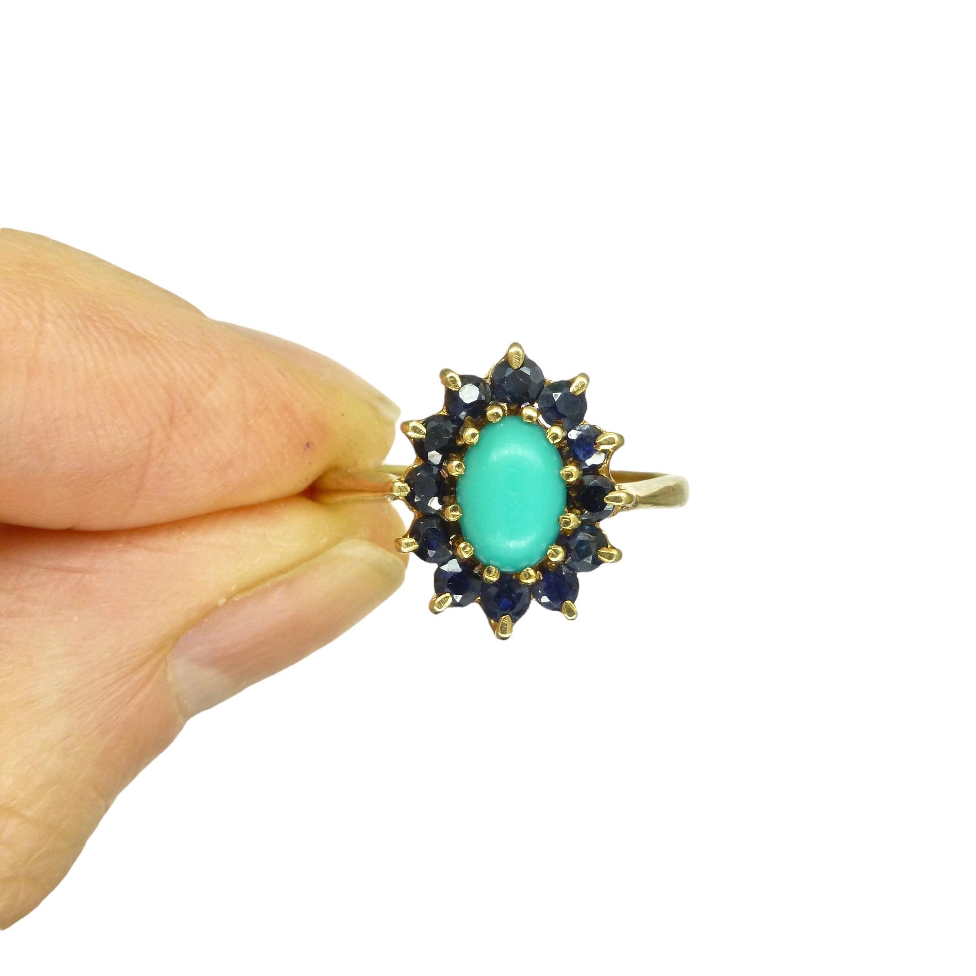 Vintage 9ct Turquoise and Sapphire oval cluster ring