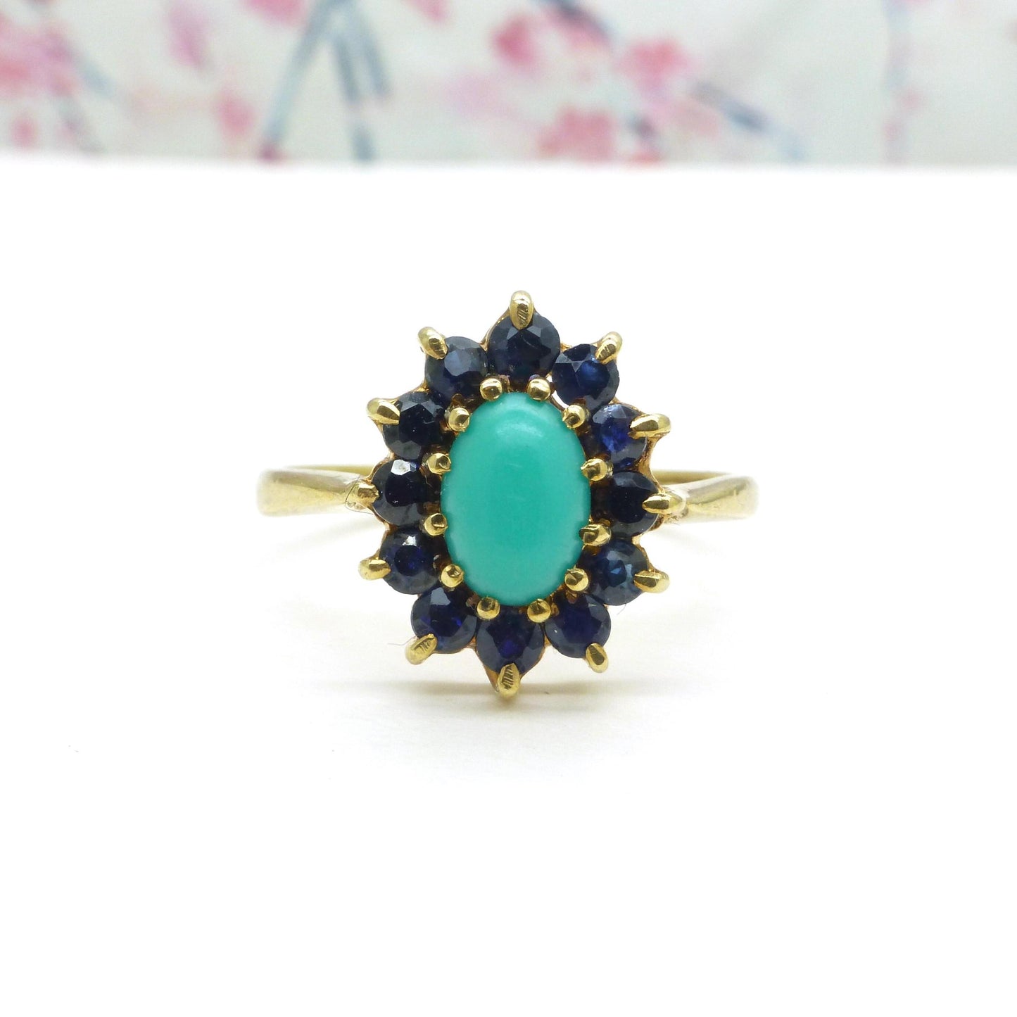 Vintage 9ct Turquoise and Sapphire oval cluster ring