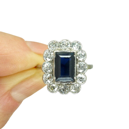 Art Deco sapphire old cut diamond rectangular cluster ring Platinum & white gold ~ independent report