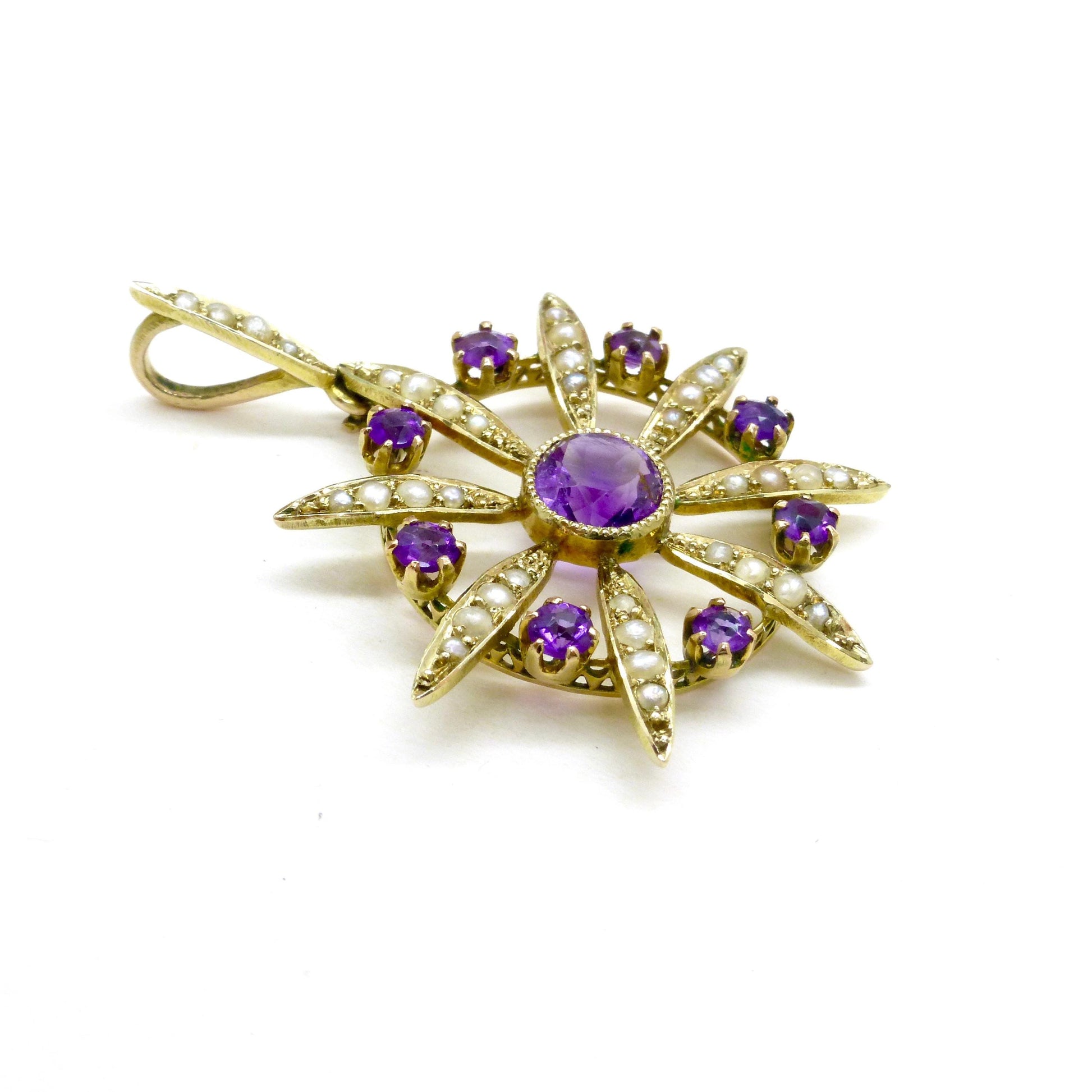 Antique Edwardian 9ct gold Amethyst and seed pearl pendant c1900's