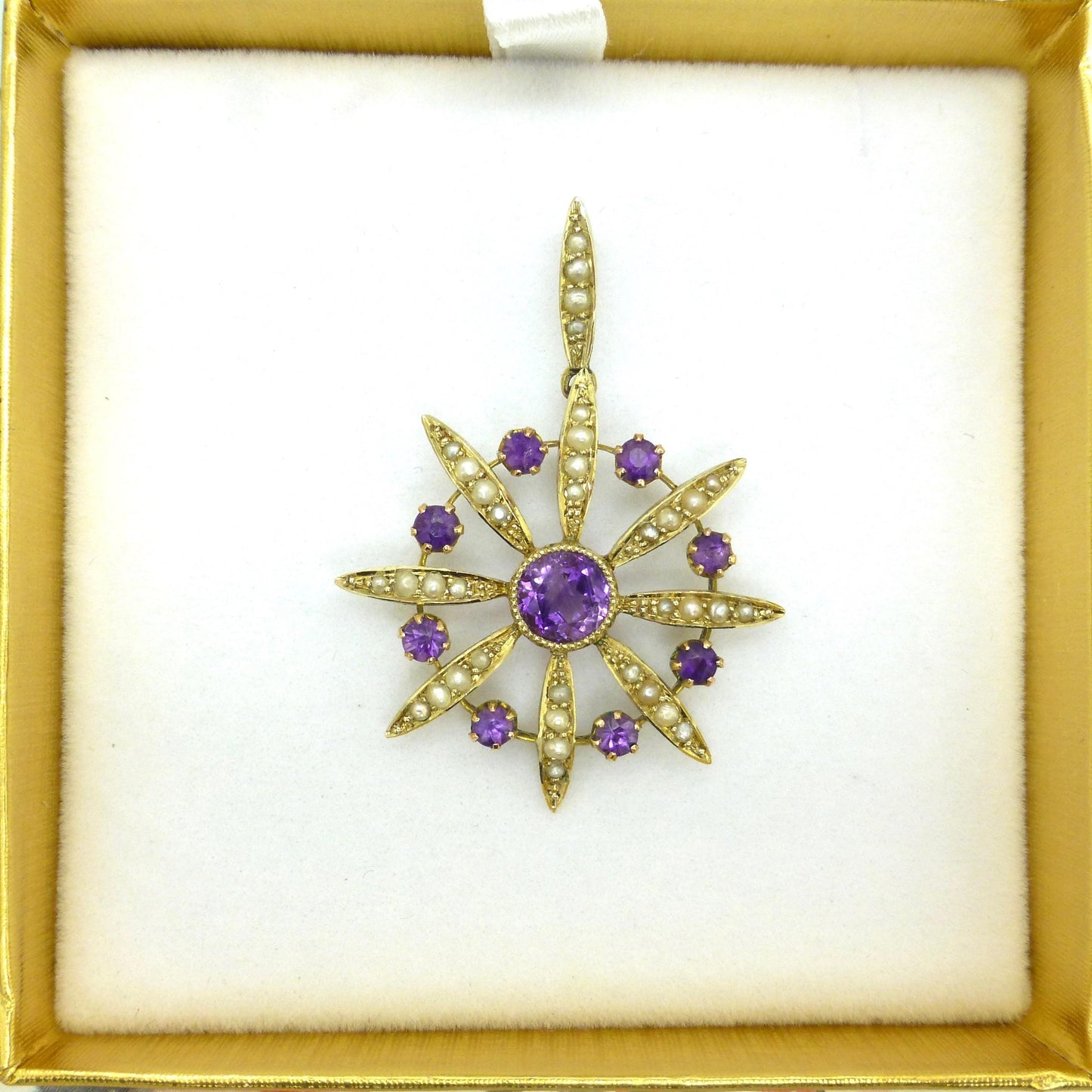 Antique Edwardian 9ct gold Amethyst and seed pearl pendant c1900's