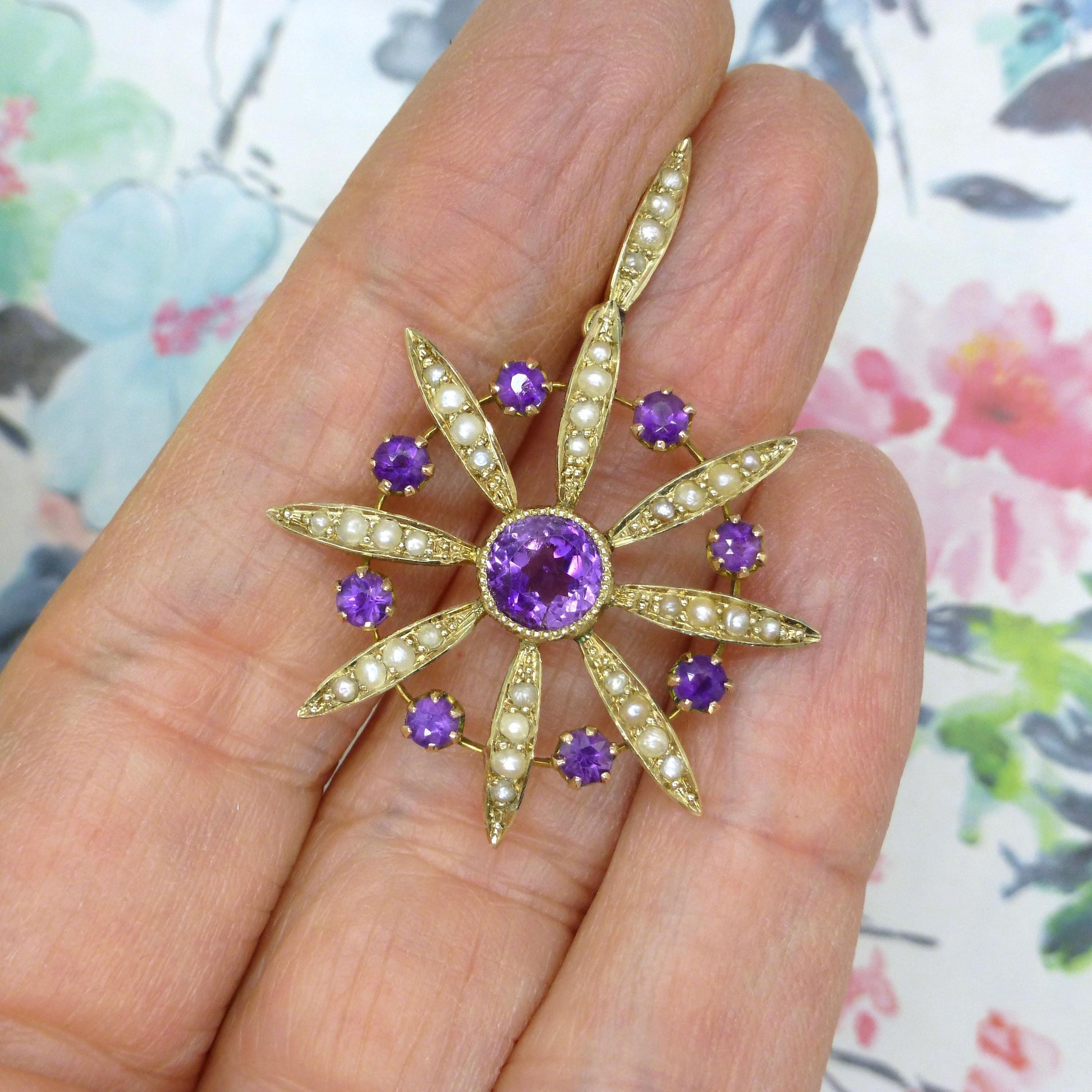 Antique Edwardian 9ct gold Amethyst and seed pearl pendant c1900's