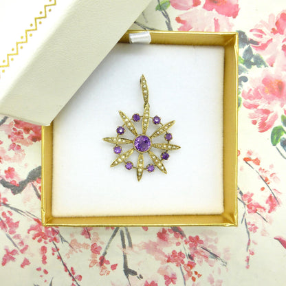 Antique Edwardian 9ct gold Amethyst and seed pearl pendant c1900's